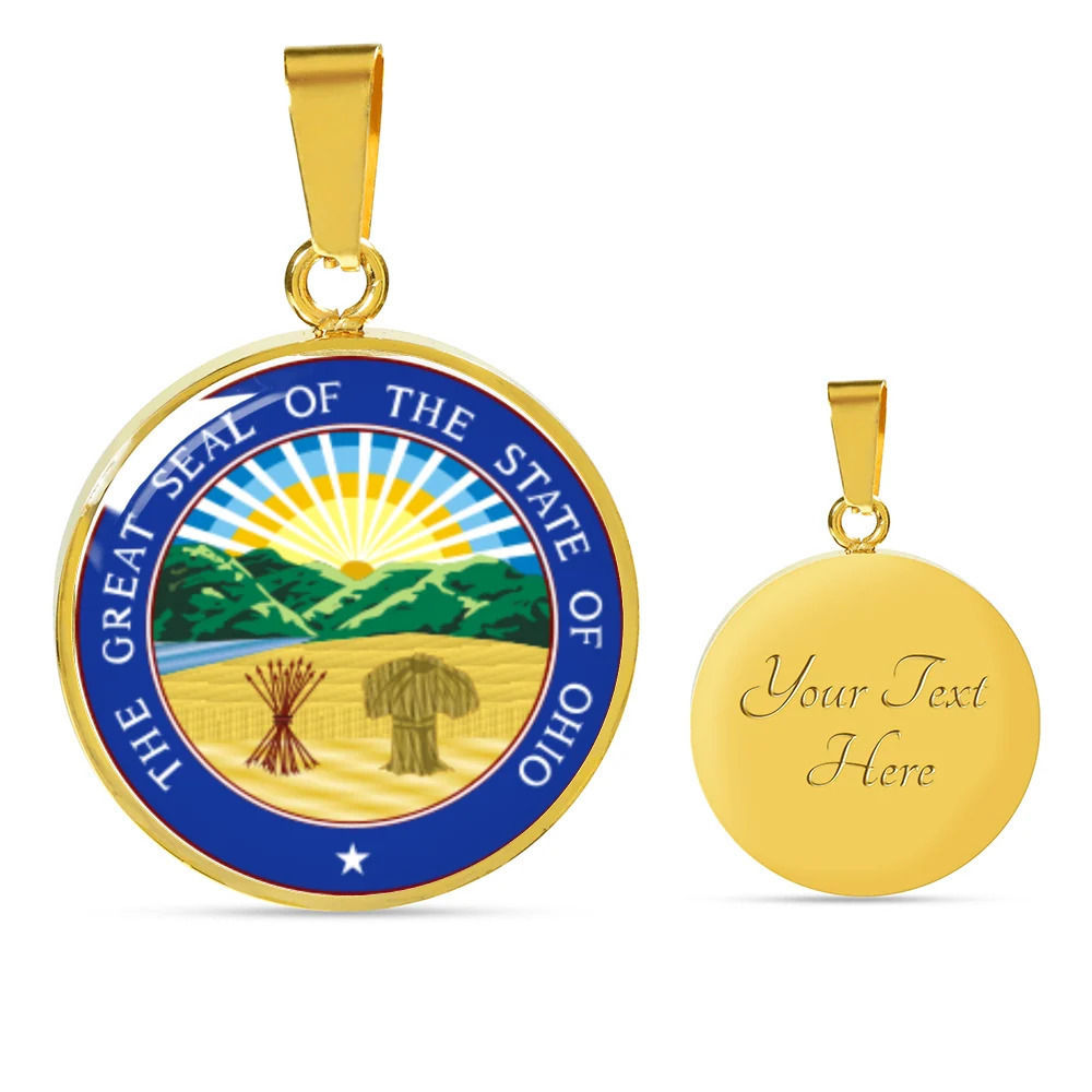 Ohio Seal State Personalized Engraved Gold Circle Necklace Custom Name Date Gif